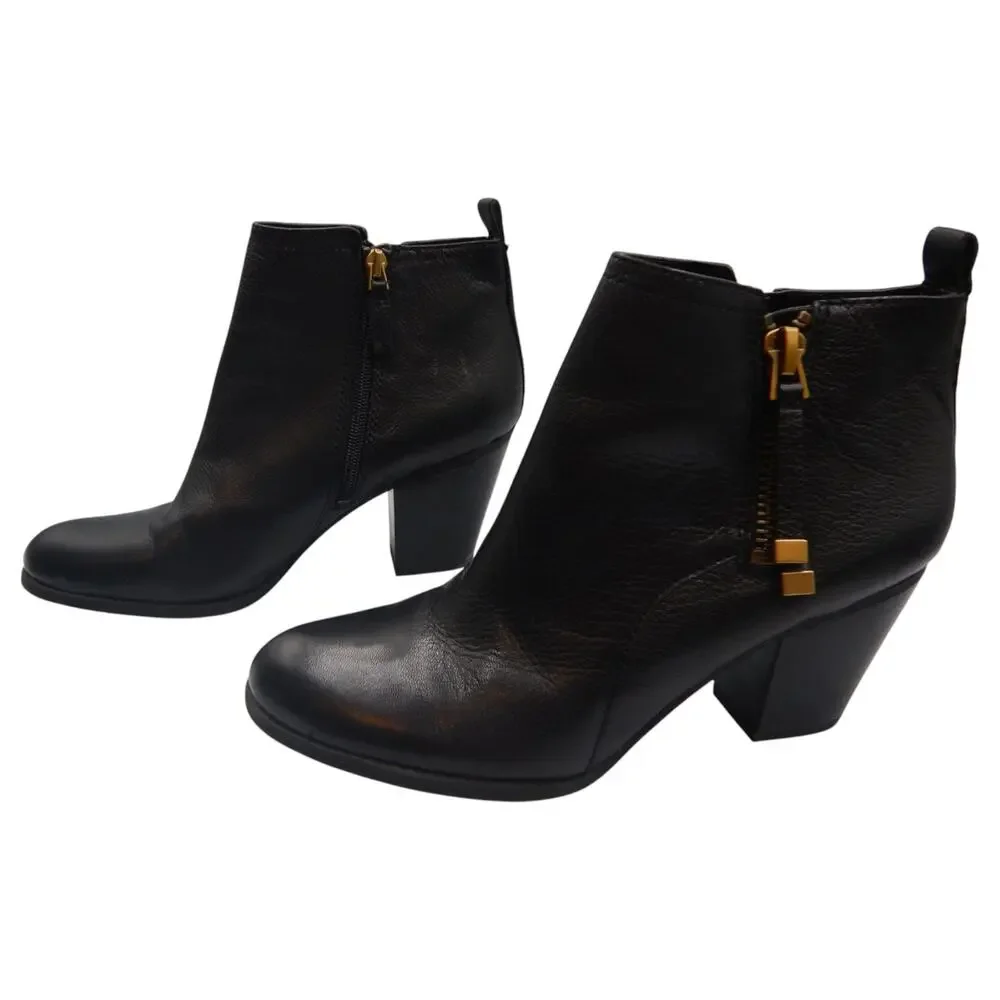 Franco Sarto Diana Leather Dual Side Zip Heeled Ankle Boots Black Size 9.5M